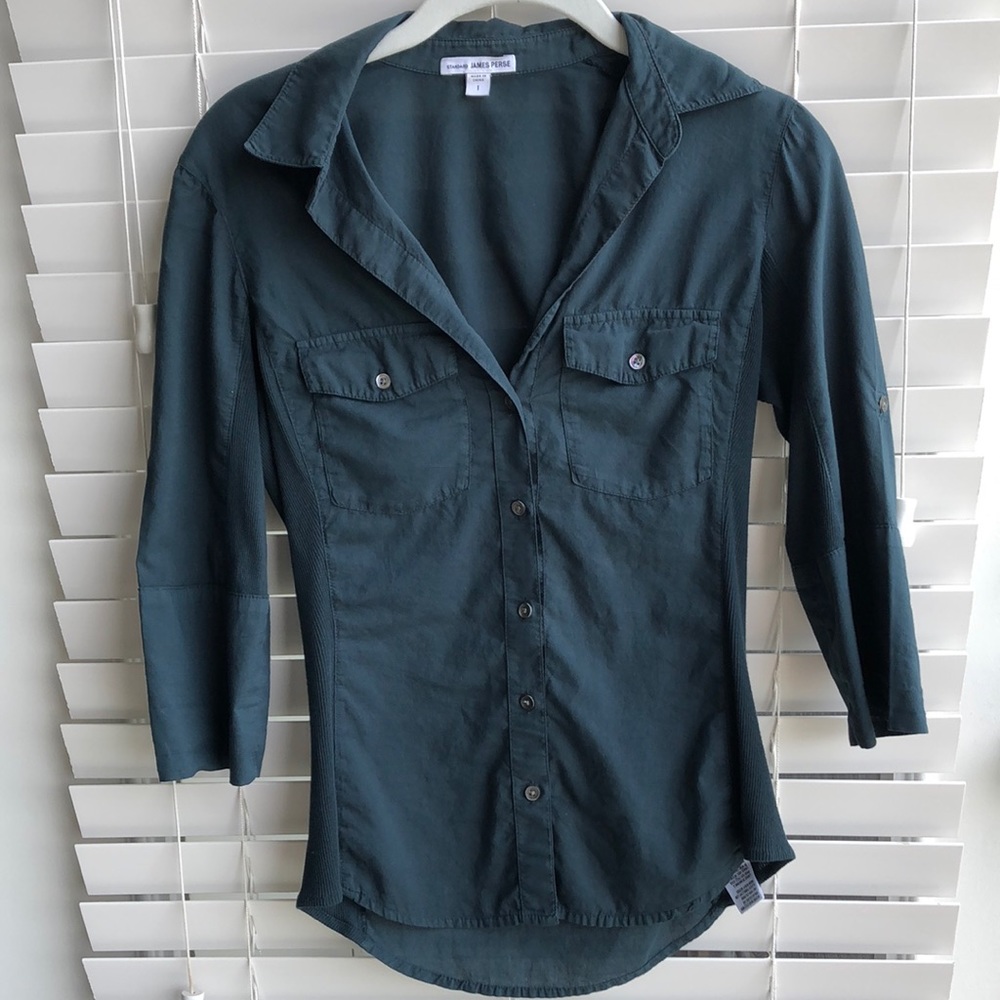 James Perse 3/4 sleeve button down ribbed panel top